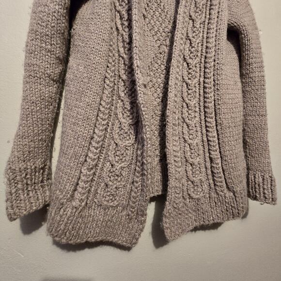 Handmade Cable Knit Cardigan Sweater Womens L XL Taupe Bespoke Preppy Fisherman - Picture 3 of 10
